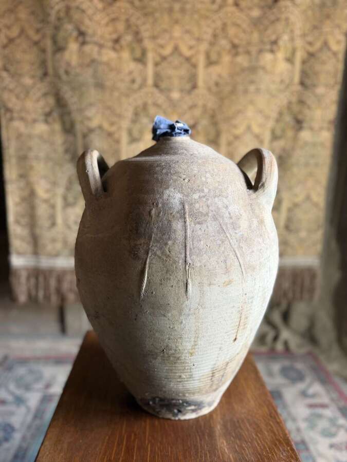 Antique French Rustic Walnut Oil Earthenware Jar with stopper