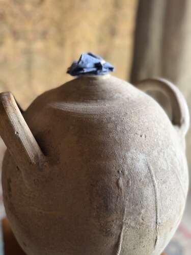 Antique French Rustic Walnut Oil Earthenware Jar with stopper