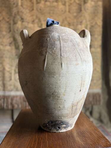 Antique French Rustic Walnut Oil Earthenware Jar with stopper