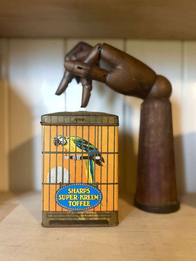Antique Advertising Sharps Super Kreem Toffee Birdcage Pictorial Tin
