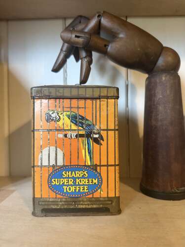 Antique Advertising Sharps Super Kreem Toffee Birdcage Pictorial Tin