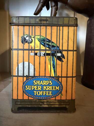 Antique Advertising Sharps Super Kreem Toffee Birdcage Pictorial Tin