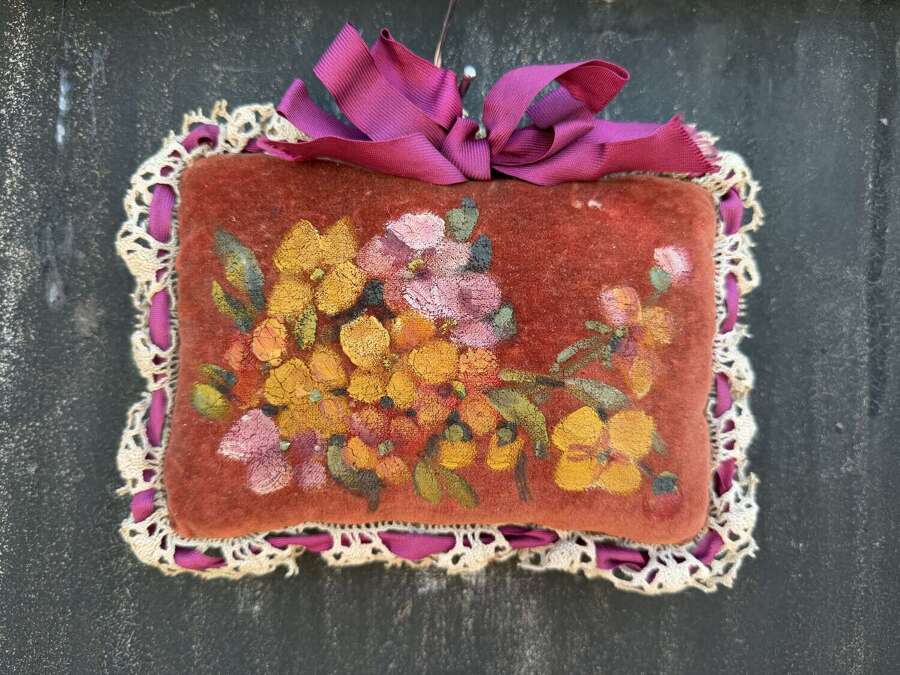 Antique French Handpainted Floral Needlepoint Velvet Pin Cushion
