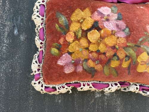 Antique French Handpainted Floral Needlepoint Velvet Pin Cushion