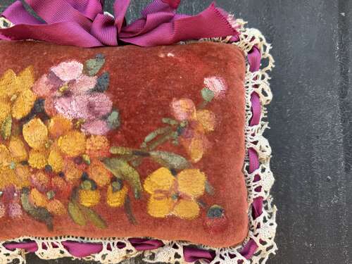 Antique French Handpainted Floral Needlepoint Velvet Pin Cushion
