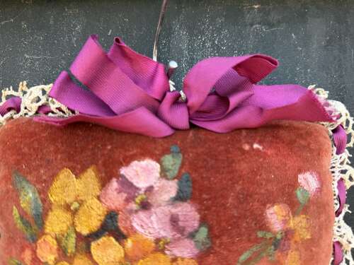 Antique French Handpainted Floral Needlepoint Velvet Pin Cushion