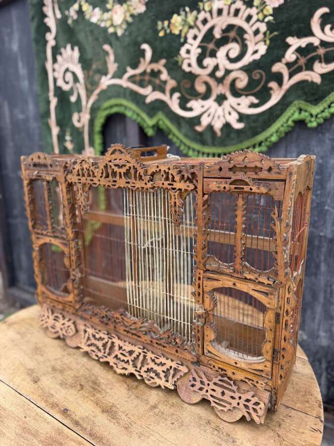 French Antique Hand carved Rustic Folk Birdcage