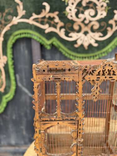 French Antique Hand carved Rustic Folk Birdcage