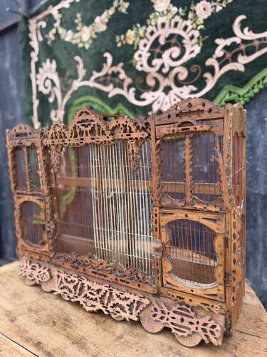French Antique Hand carved Rustic Folk Birdcage