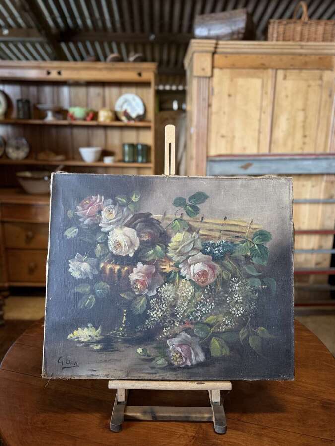 French Antique Floral Bouquet Oil on Canvas