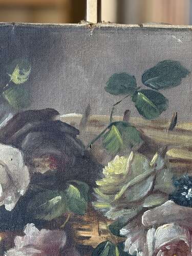 French Antique Floral Bouquet Oil on Canvas