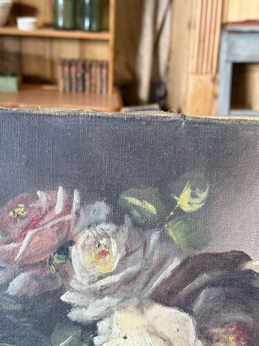 French Antique Floral Bouquet Oil on Canvas