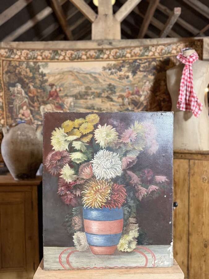 Antique Still Life Floral Bouquet of Chrysanthemums