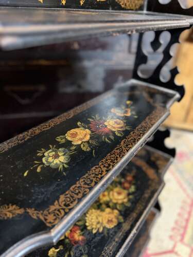French Antique 19th Century Napoleon III Ebonised Floral Etagere Shelf