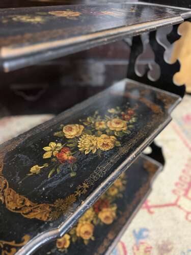 French Antique 19th Century Napoleon III Ebonised Floral Etagere Shelf