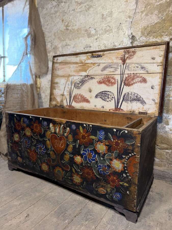 Antique Hand Painted Love Heart Pine Folk Art Marriage Chest